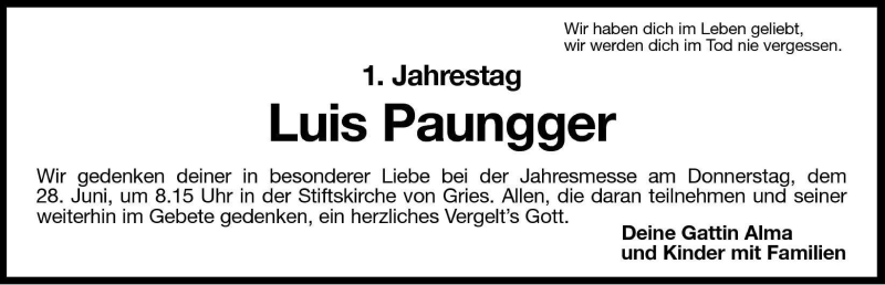  Traueranzeige für Luis Paungger vom 26.06.2001 aus Dolomiten
