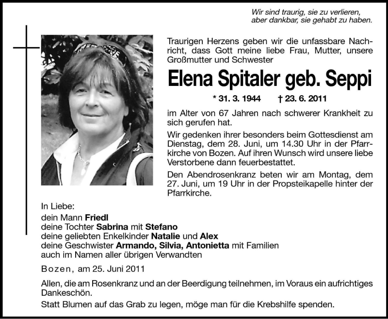 Traueranzeigen von Elena Spitaler | Trauer.bz