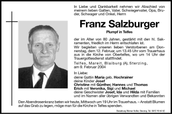 Traueranzeige von Franz Salzburger von Dolomiten