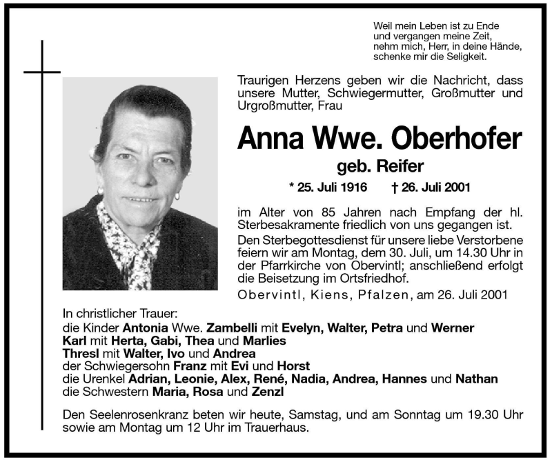  Traueranzeige für Anna Oberhofer vom 28.07.2001 aus Dolomiten
