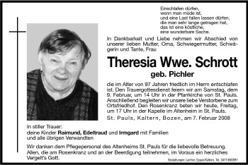 Traueranzeige von Theresia Schrott von Dolomiten