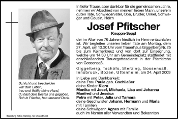 Traueranzeige von Josef Pfitscher von Dolomiten