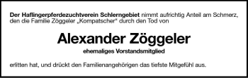 Traueranzeige von Alexander Zöggeler von Dolomiten