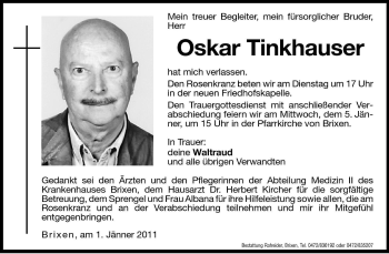 Traueranzeige von Oskar Tinkhauser von Dolomiten