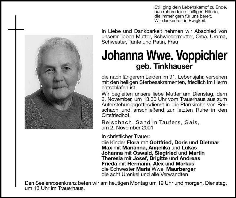  Traueranzeige für Johanna Voppichler vom 05.11.2001 aus Dolomiten