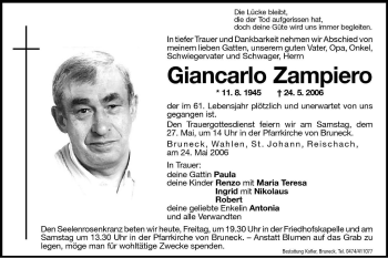 Traueranzeige von Giancarlo Zampiero von Dolomiten