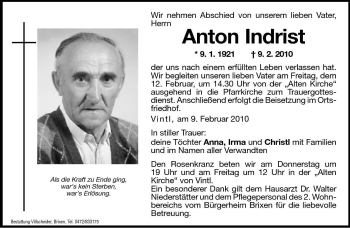 Traueranzeige von Anton Indrist von Dolomiten