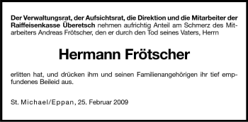 Traueranzeige von Hermann Frötscher von Dolomiten