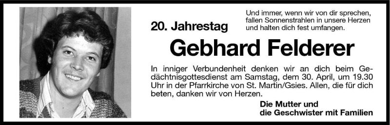  Traueranzeige für Gebhard Felderer vom 29.04.2005 aus Dolomiten