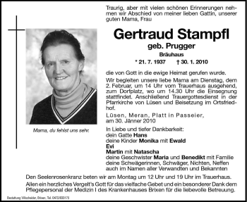 Traueranzeige von Gertraud Stampfl von Dolomiten