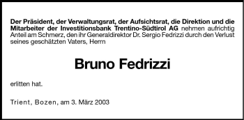 Traueranzeige von Bruno Fedrizzi von Dolomiten