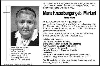 Traueranzeige von Maria Kruselburger von Dolomiten