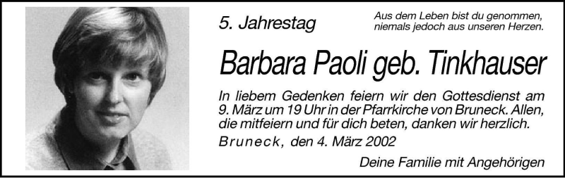  Traueranzeige für Barbara Paoli vom 07.03.2002 aus Dolomiten