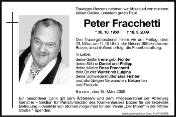Traueranzeige von Peter Fracchetti von Dolomiten