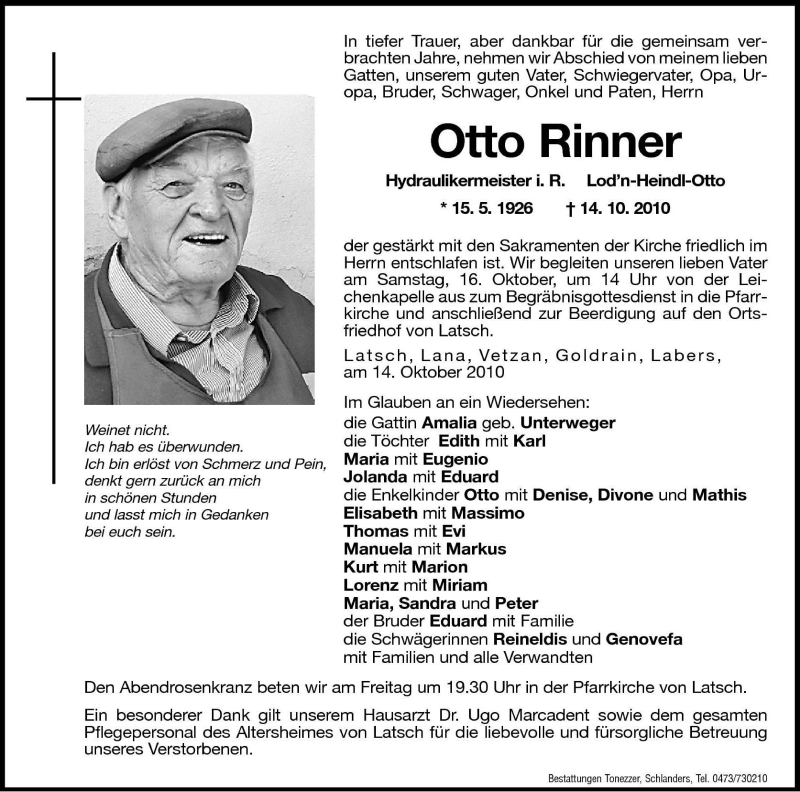  Traueranzeige für Otto Rinner vom 15.10.2010 aus Dolomiten