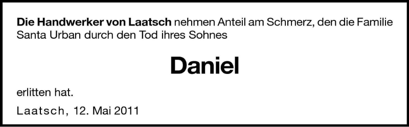  Traueranzeige für Daniel Santa vom 13.05.2011 aus Dolomiten