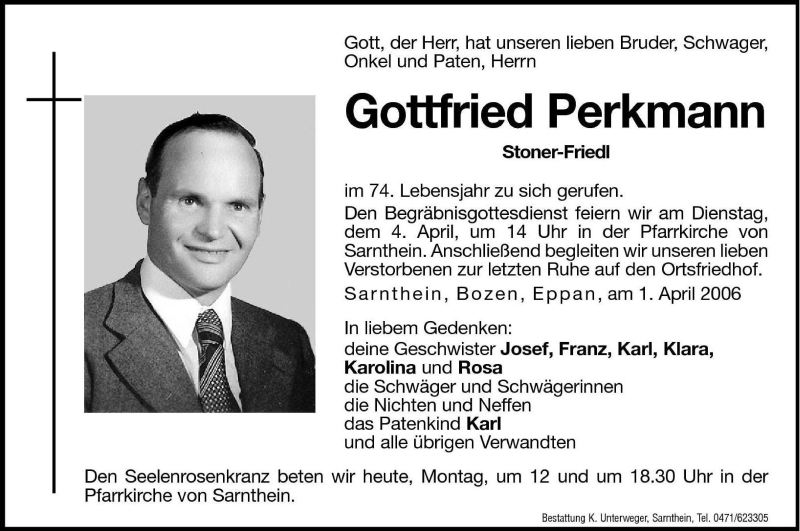  Traueranzeige für Gottfried Perkmann vom 03.04.2006 aus Dolomiten