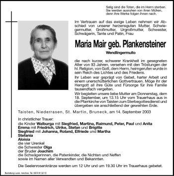Traueranzeige von Maria Mair von Dolomiten