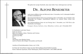 Traueranzeige von Alfons Benedikter von Dolomiten