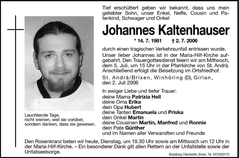  Traueranzeige für Johannes Kaltenhauser vom 04.07.2006 aus Dolomiten