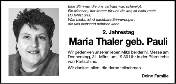 Traueranzeige von Maria Thaler von Dolomiten