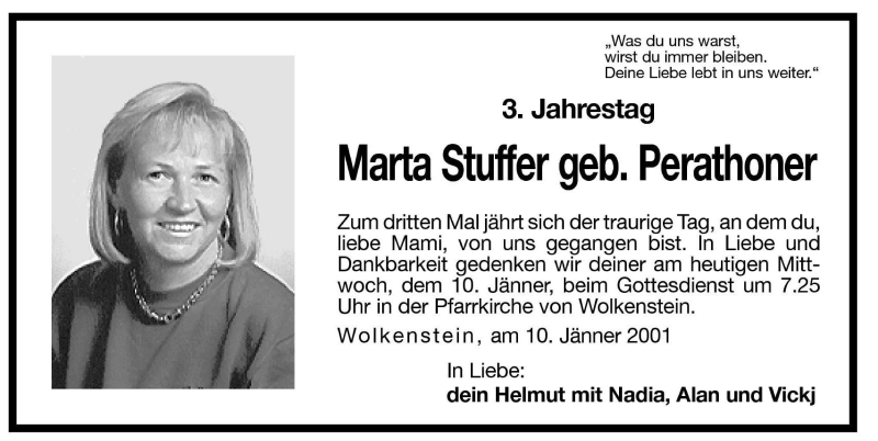  Traueranzeige für Marta Stuffer vom 10.01.2001 aus Dolomiten