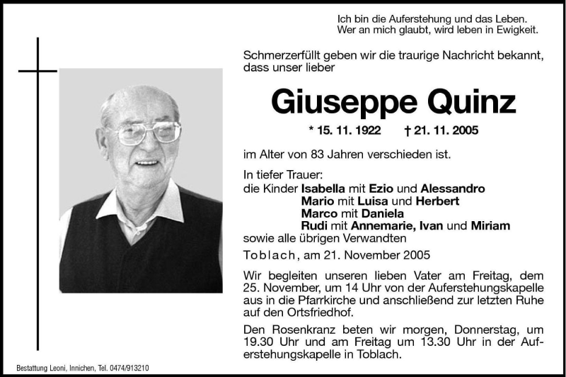  Traueranzeige für Giuseppe Quinz vom 23.11.2005 aus Dolomiten