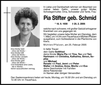 Traueranzeige von Pia Stifter von Dolomiten