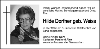 Traueranzeige von Hilde Dorfner von Dolomiten