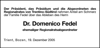 Traueranzeige von Domenico Fedel von Dolomiten