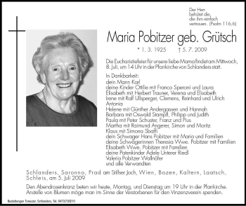 Traueranzeige von Maria Pobitzer von Dolomiten