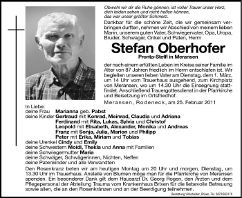 Traueranzeige von Stefan Oberhofer von Dolomiten