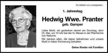 Traueranzeige von Hedwig Pranter von Dolomiten