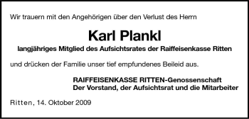 Traueranzeige von Karl Plankl von Dolomiten