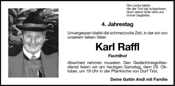 Traueranzeige von Karl Raffl von Dolomiten