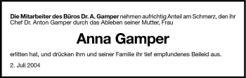 Traueranzeige von Anna Gamper von Dolomiten