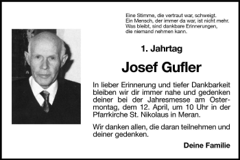 Traueranzeige von Josef Gufler von Dolomiten