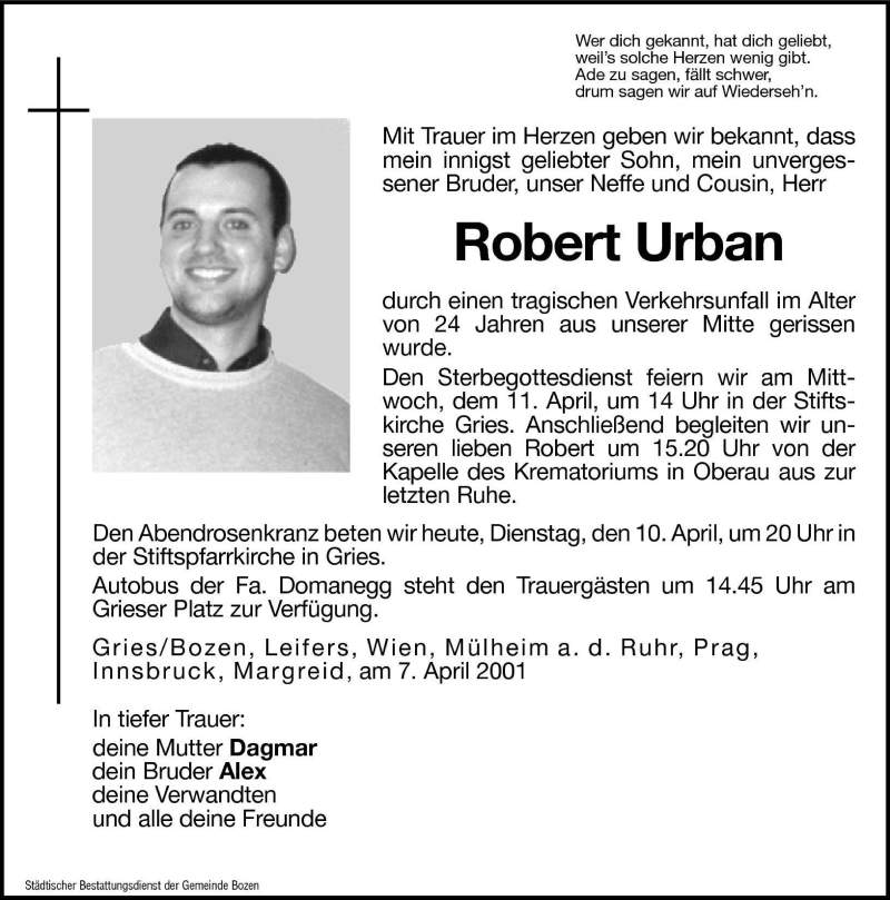  Traueranzeige für Robert Urban vom 10.04.2001 aus Dolomiten