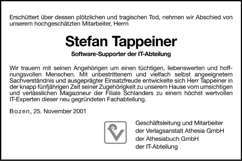  Traueranzeige für Stefan Tappeiner vom 27.11.2001 aus Dolomiten