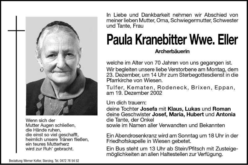  Traueranzeige für Paula Eller vom 21.12.2002 aus Dolomiten