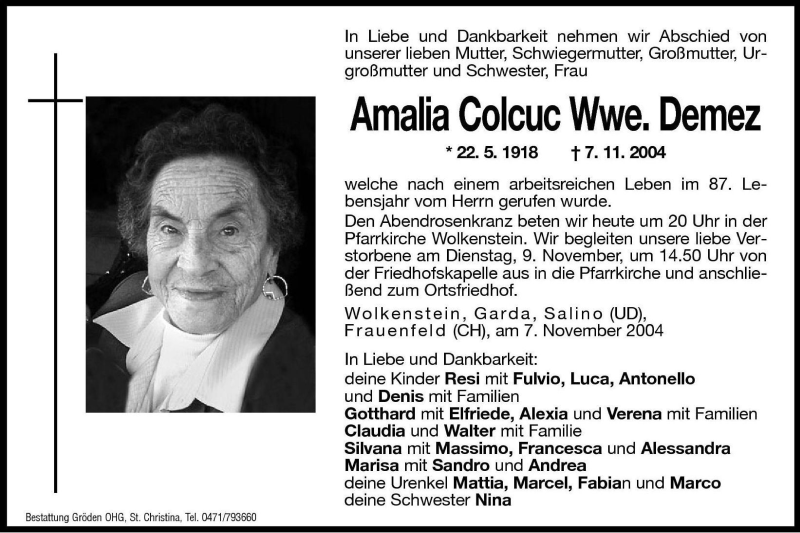  Traueranzeige für Amalia Demez vom 08.11.2004 aus Dolomiten