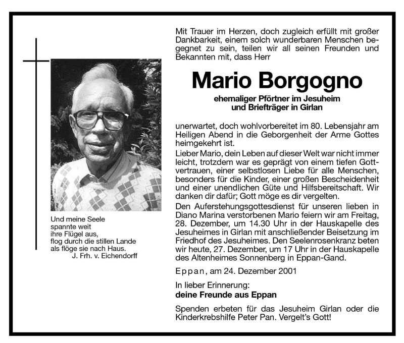  Traueranzeige für Mario Borgogno vom 27.12.2001 aus Dolomiten