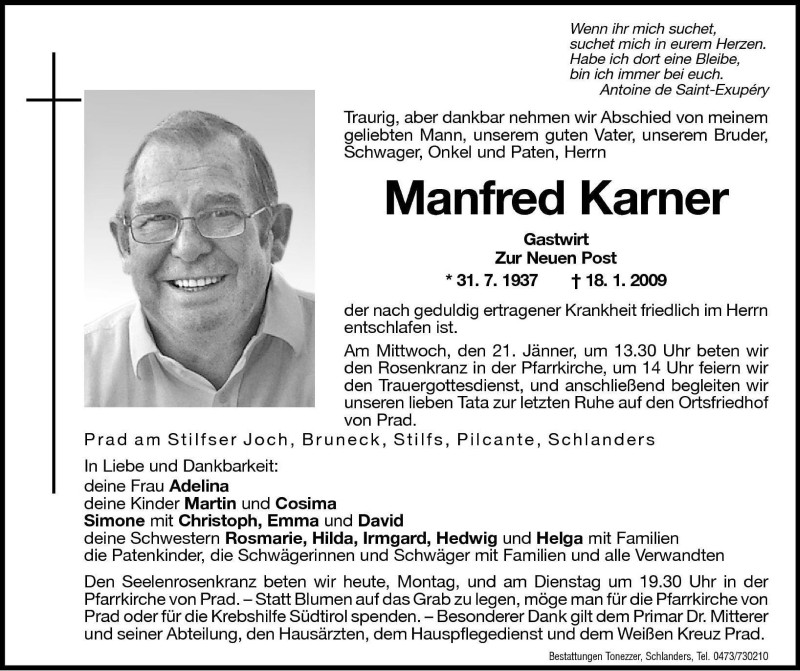  Traueranzeige für Manfred Karner vom 19.01.2009 aus Dolomiten