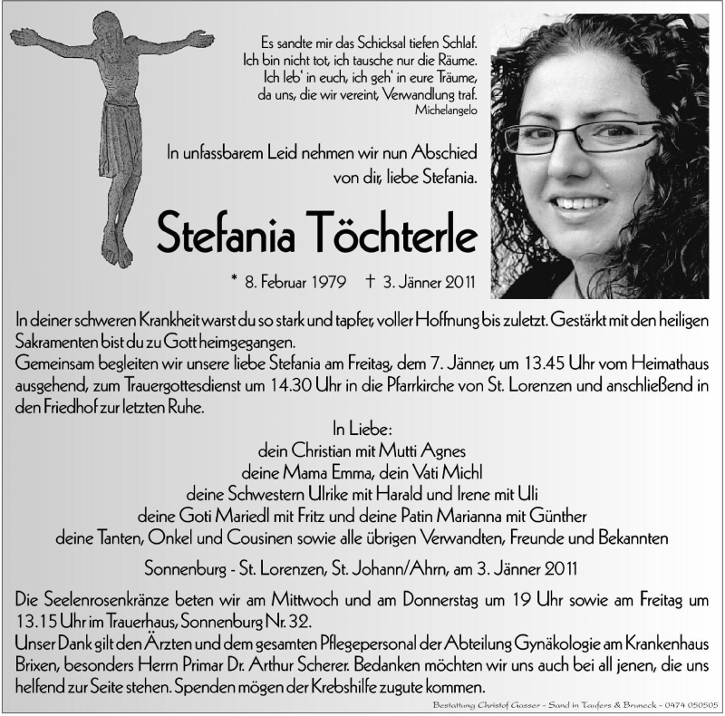  Traueranzeige für Stefania Töchterle vom 05.01.2011 aus Dolomiten