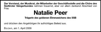 Traueranzeige von Natalie Peer von Dolomiten