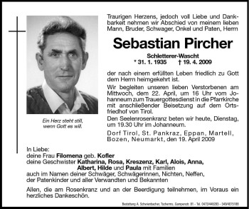 Traueranzeige von Sebastian Pircher von Dolomiten