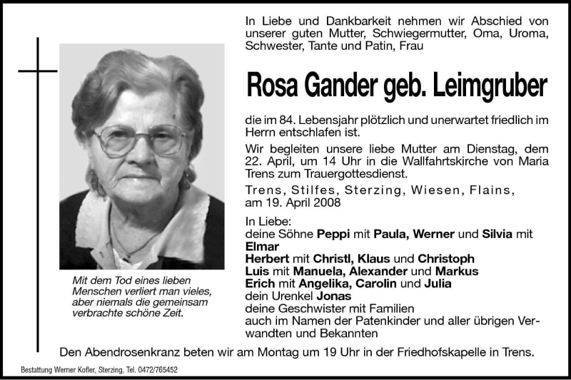  Traueranzeige für Rosa Gander vom 21.04.2008 aus Dolomiten