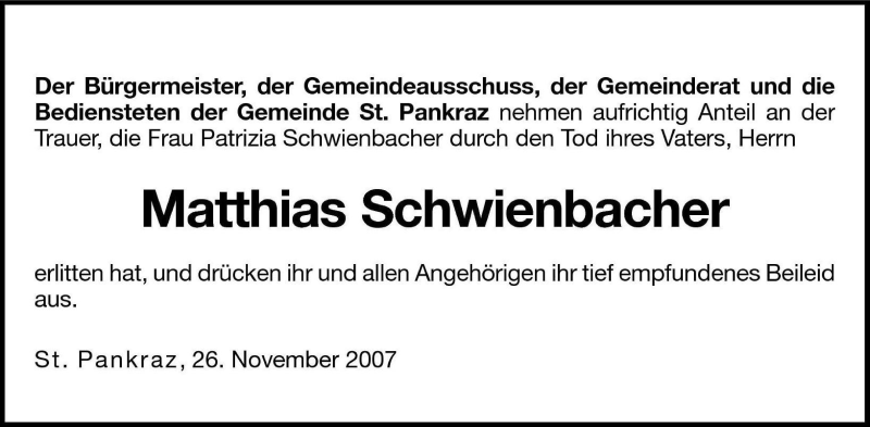  Traueranzeige für Matthias Schweinbacher vom 27.11.2007 aus Dolomiten