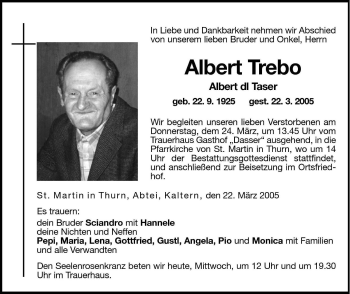 Traueranzeige von Albert Trebo von Dolomiten