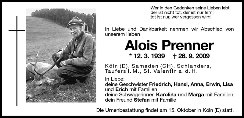  Traueranzeige für Alois Prenner vom 02.10.2009 aus Dolomiten